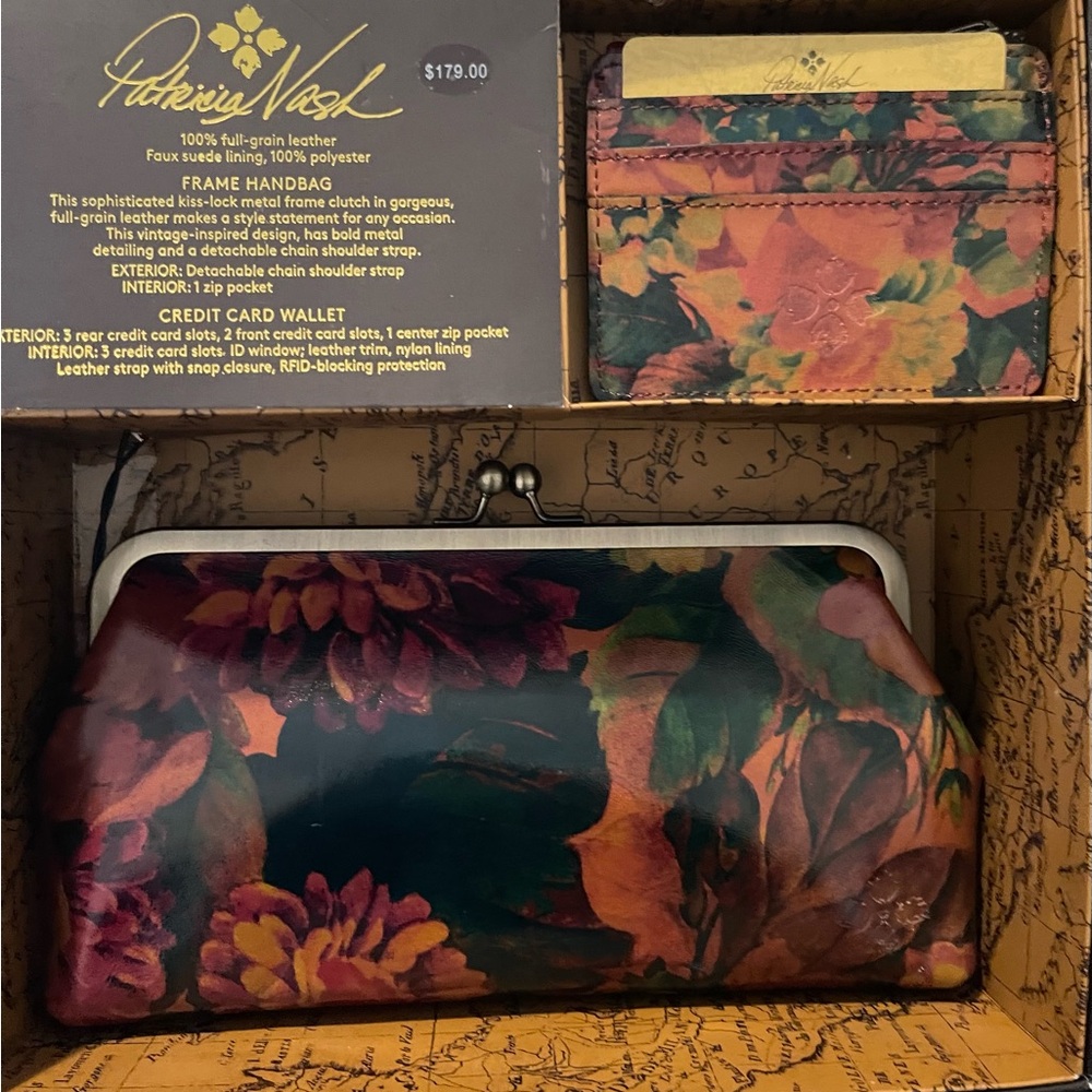 Patricia Nash Preston Frame Clutch with Credit Card Wallet and Gift Box.